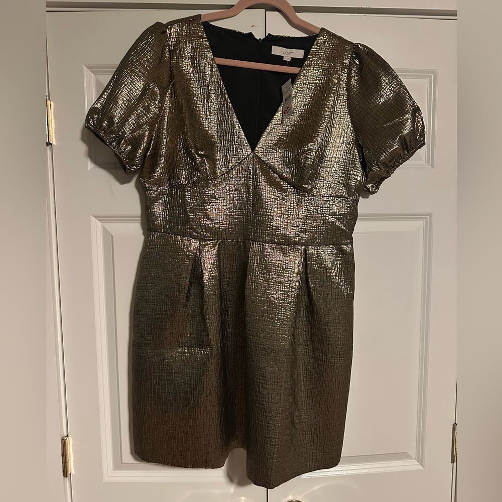 LOFT Shimmering Gold Puff Sleeve Mini Dress - Picture 2 of 3